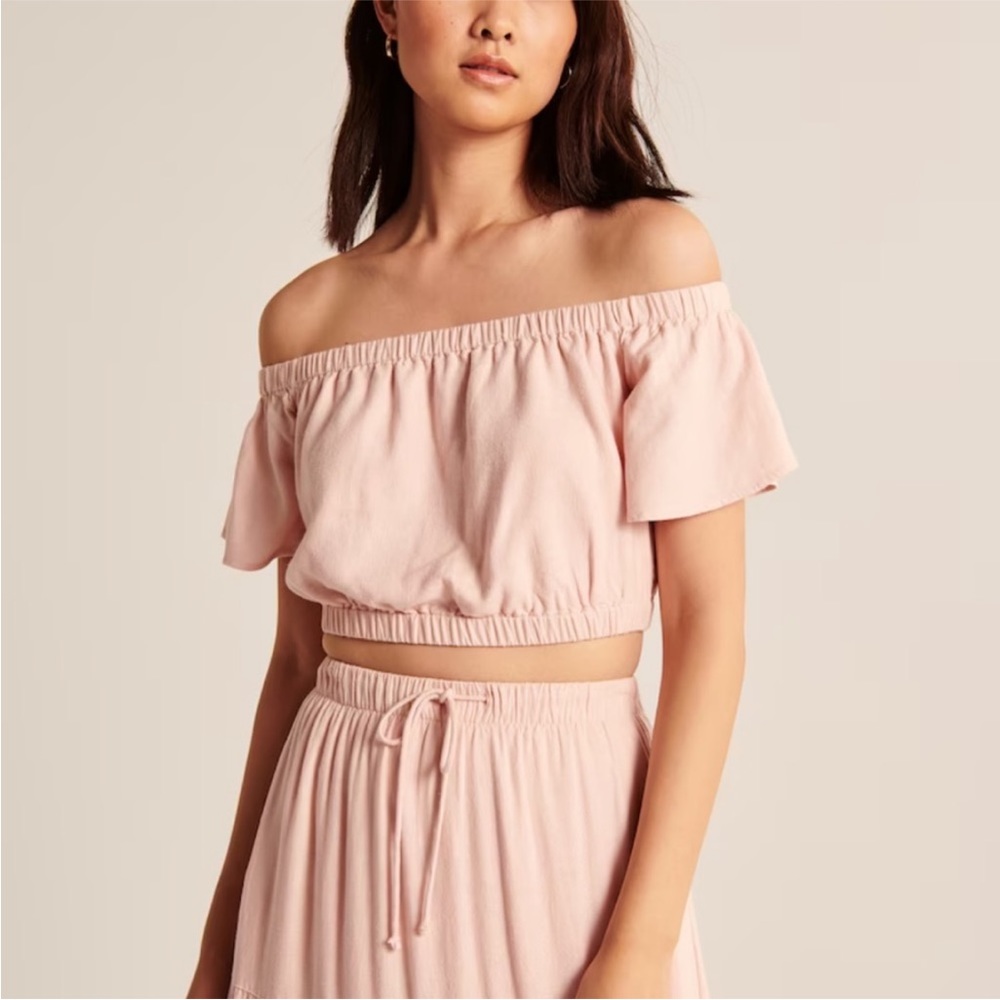 Abercrombie & Fitch Off The Shoulder Linen Blend Top Crop Top Blush Pink Medium